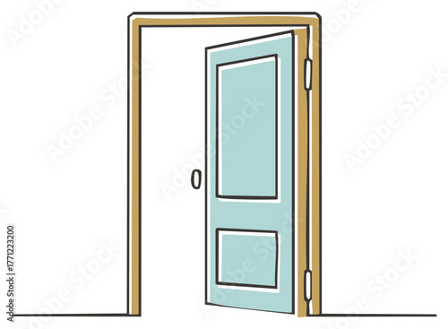 Open light blue door frame with molding design, concept of new possibilities and freedom