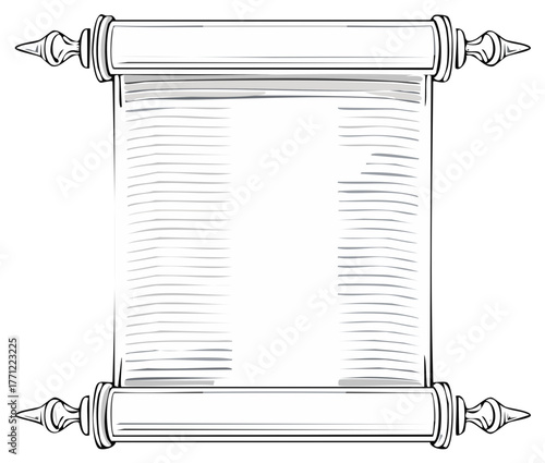 Vector illustration of blank scroll parchment with decorative finials, isolated.