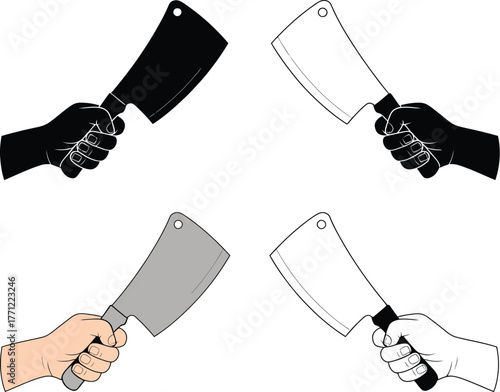A retro-style digital art composition featuring a set of four vector hands holding a butcher's cleaver, isolated on a white background