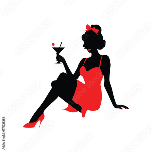 seductive pin-up girl silhouette vector illustration in a red dress with a cocktail for party and retro themes.
