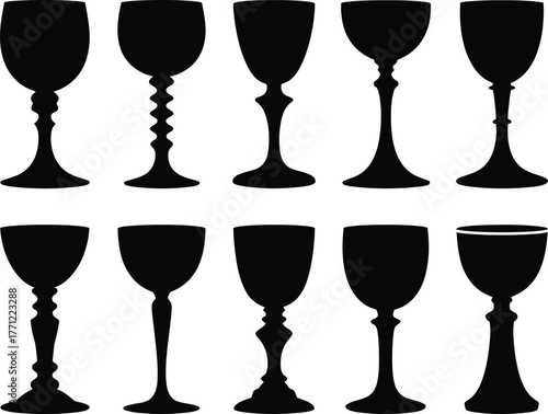 A minimalist vector illustration showing a collection of ten different black wine glass silhouettes. Set of various goblet and drinkware shapes for design elements isolated on a white background