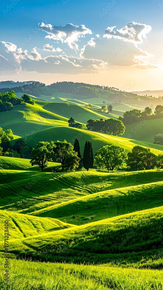 Fototapeta premium Lush, green rolling hills bathed in warm sunlight