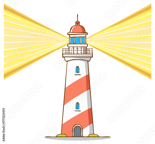 Cartoon lighthouse with bright beams of light shining outwards against a clean background.