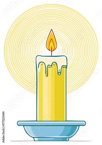 Bright Yellow Cartoon Candle with Flame and Light Radiating on a Blue Plate, Vector Illustration