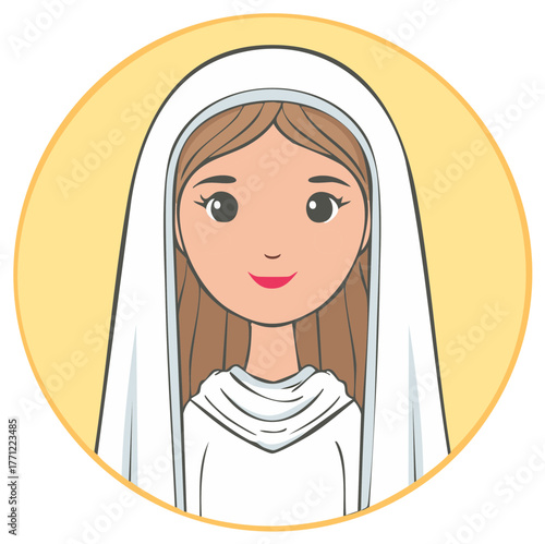 Cartoon Virgin Mary Illustration with Brown Hair in White Veil Against a Yellow Circle
