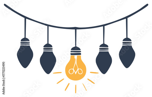 One bright light bulb stands out among many dark bulbs on a string symbolizing creativity and innovation