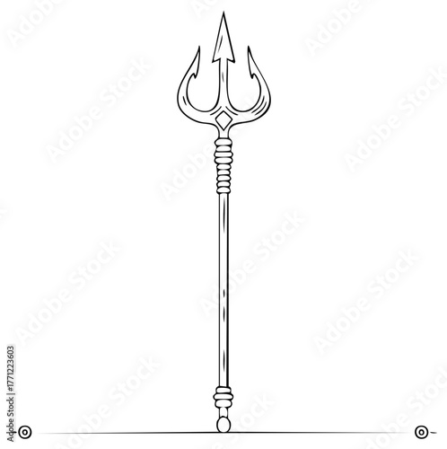Outline of a Trident Graphic with Sharp Prongs and an Ornate Shaft Line Art Illustration