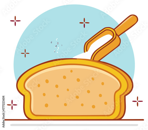 Sweetening a Bread Slice: Wooden Scoop Pouring Sugar on Fresh Toast Illustration for Breakfast