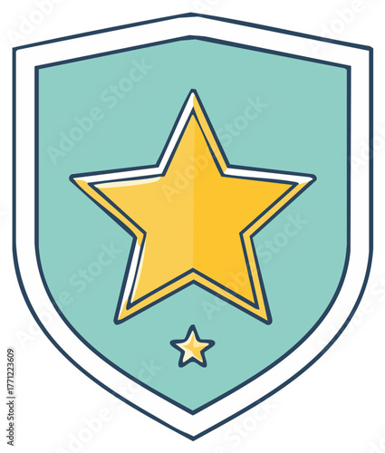 Shield Emblazoned with Gold Star Icons Denoting Quality Award or Top Ranking Achievement on Teal Background