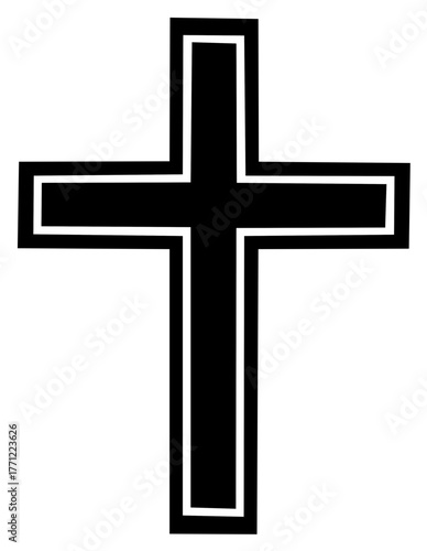 Bold black Christian cross symbol with white outline on white background