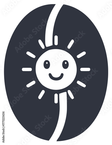 Smiling Sun Face Inside Coffee Bean Monochromatic Flat Vector
