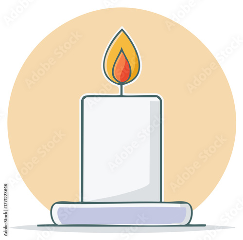 Illustrated burning candle with a warm flame in a vibrant yellow background.