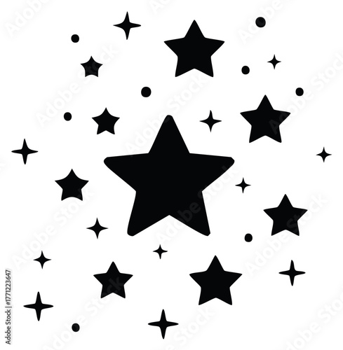 Black stars and dots scattered against a white background, stylized illustration