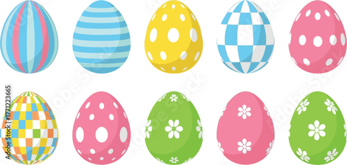 Set of ten colorful decorative easter eggs with festive patterns and designs isolated on transparent background