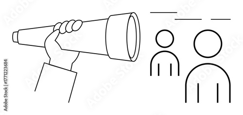 Hand gripping telescope aimed at minimalistic human figures representing vision, focus, observation, strategy, opportunities, leadership, research. Ideal for business, planning guidance future
