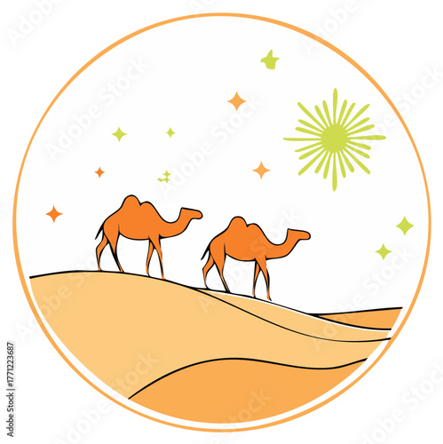 Camels on Dunes with Starry Sky in Circle Artistic Desert Landscape Illustration
