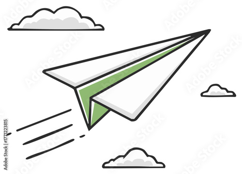 Paper airplane flying in the sky with clouds cartoon illustration