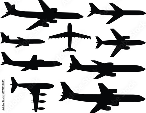 A collection of black silhouette illustrations showing various types of commercial passenger airplanes and jet aircraft for travel and transport concepts