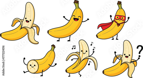 Six animated bananas dancing and expressing emotions with fun characters and whimsical poses isolated on transparent background