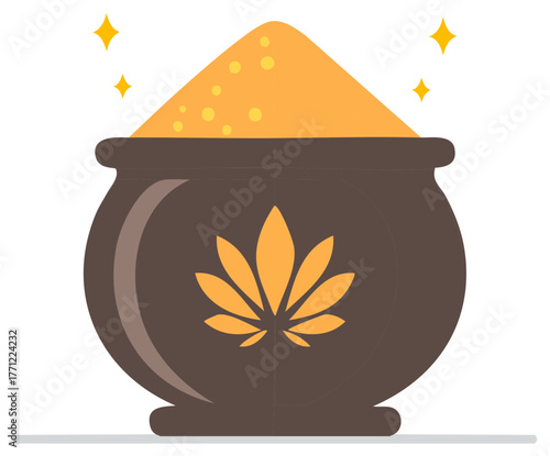 Golden Dust Pot With Star Sparkles And Leaf Symbol Occult Magic Potion