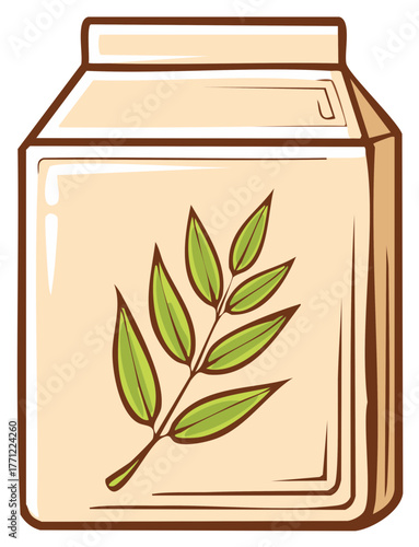 Natural plant based beverage in a carton with green leaf vector illustration