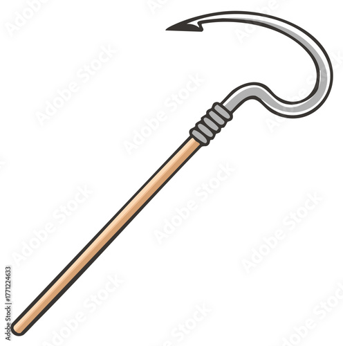 Fishing gaff with a wooden handle and sharp metal hook illustration