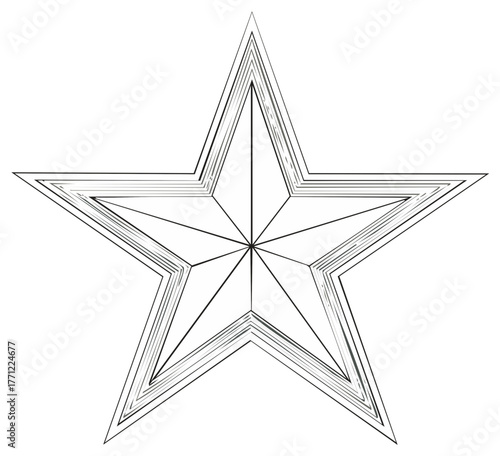 Monochrome five pointed star symbol with layered outline and geometric divisions line art illustration