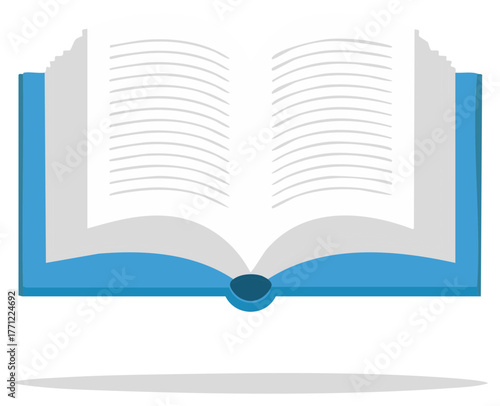 Open blue hardcover book with blank pages spread open to show reading material