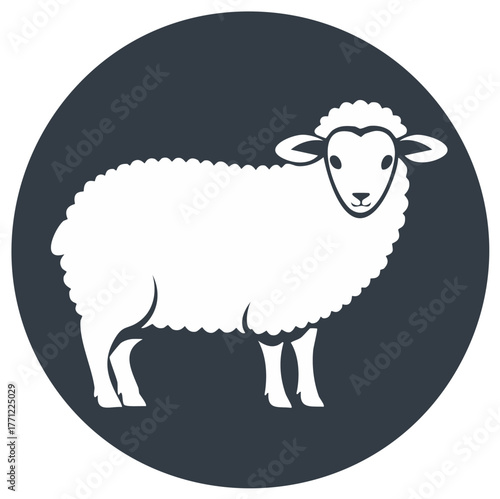 Stylized White Sheep in a Dark Circle Graphic Silhouette Farm Animal Cute Farm Livestock Icon