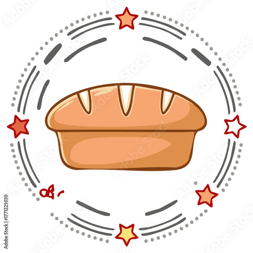 Hand drawn cartoon loaf of bread in a decorative star frame, bakery logo illustration