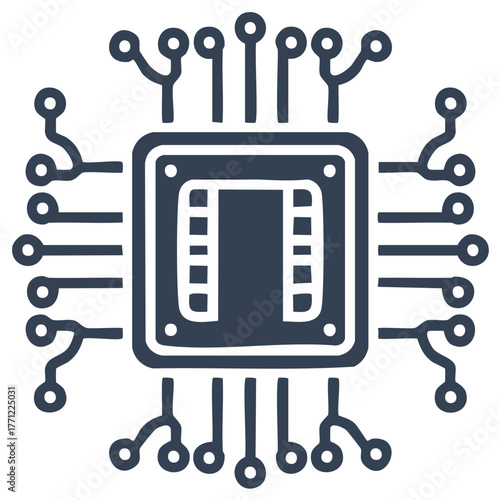 Modern microprocessor chip with intricate electronic pathways and circuits icon