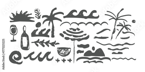 Abstract tropical beach elements collection with palm trees sun waves and bottle