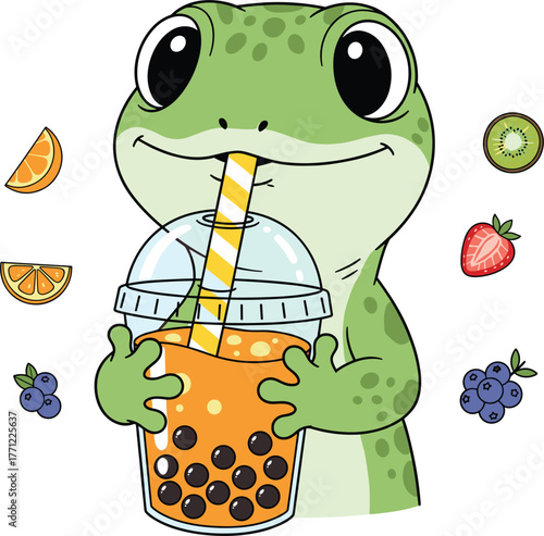 Cute cartoon gecko drinking a refreshing bubble tea with fruit