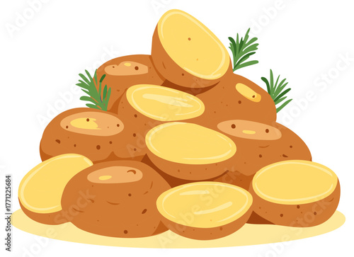 Fresh potatoes with rosemary herb simple vector illustration for food design