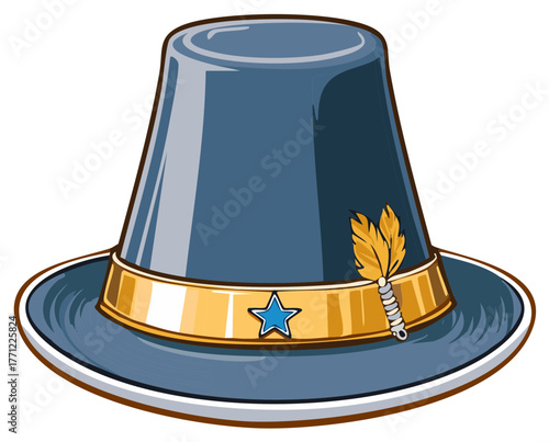 Stylized blue pilgrim hat with golden band and feather adornment