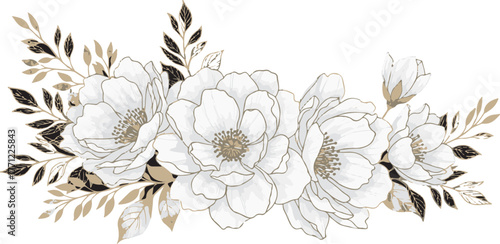 Elegant white and gold floral arrangement illustration on white background for wedding invitation design