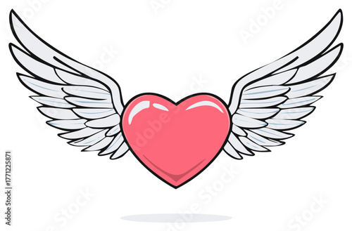 Flying pink heart with elegant white feathered wings in a sweet cartoon style illustration