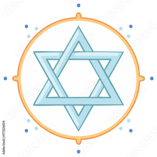 Stylized Star of David Illustration: Jewish Symbol with Soft Blue Hues and Ornamental Gold Circle