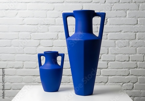 Two blue amphora vases on a white table against a brick wall