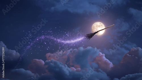 Magical broomstick flying across a moonlit night sky