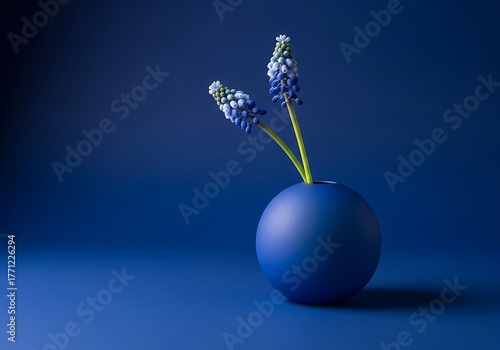 Two blue grape hyacinth flowers in a round blue vase