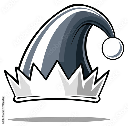 Cartoon Jester Hat with Pom Pom Ball, Harlequin Cap with Black Outline, Comic Style