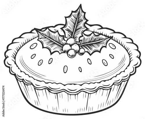 Stylized Christmas Mince Pie Line Art Topped with Holly Berries and Leaves Decoration