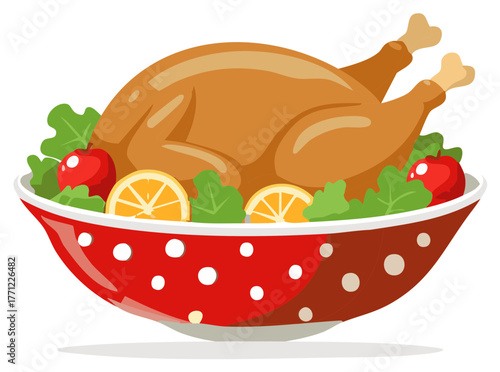 Festive Roasted Turkey with Garnish in a Polka Dot Bowl Illustration