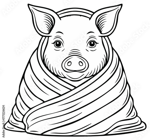 Cute baby piglet wrapped in a cozy blanket line art illustration for children's coloring book design