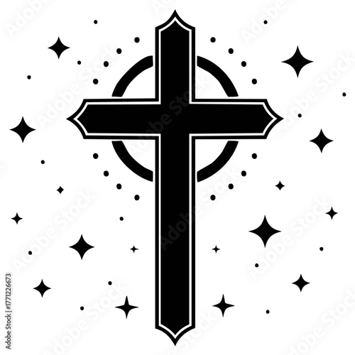 Stylized black Christian cross with decorative borders a celestial halo and sparkling stars pattern