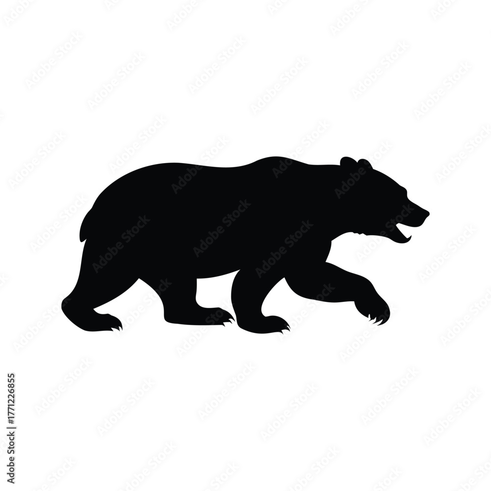 Fototapeta premium Silhouette of a large brown bear walking against a white background, bear running silhouette vector illustration