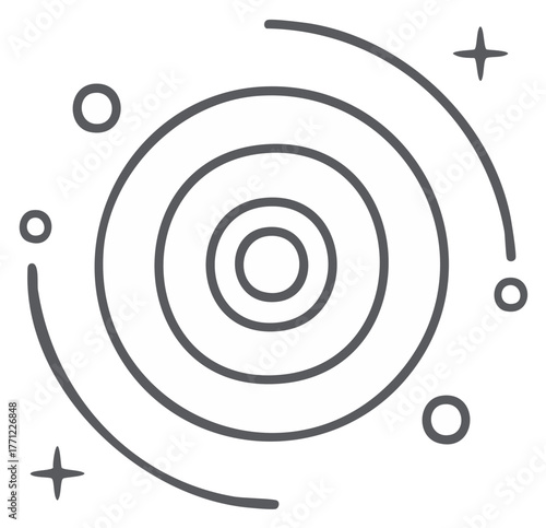 Abstract Space Galaxy with Concentric Circles, Planets, and Stars Outline Style
