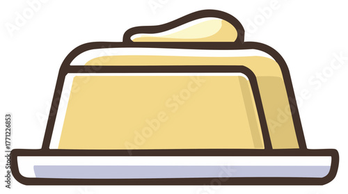 Pudding on Plate Illustration with Creamy Topping, Dessert Vector Art
