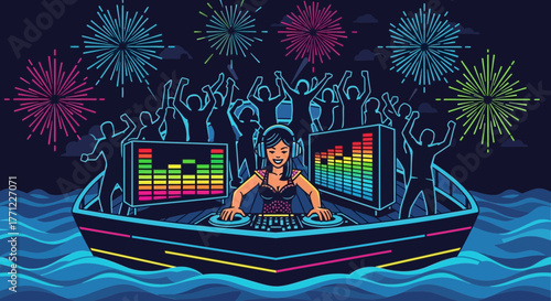 Electric boat party with dj performing for crowd amidst colorful fireworks display